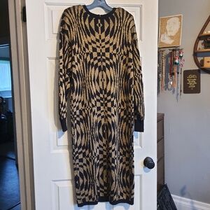 Vintage 80s The Place ATJM Med Black Gold Metallic Knit LS Sweater Dress Italy